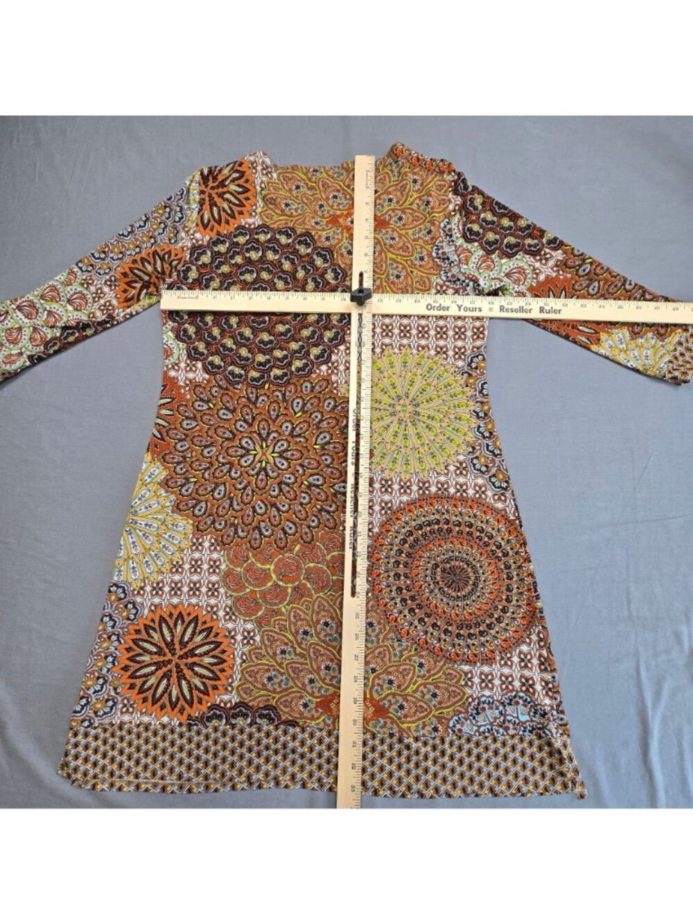 MSK Medium Tunic Mini Dress Orange Brown Boho Geometric Retro - Picture 5 of 5